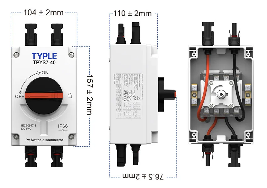 TPYS7-40 PV isolator switch dimension drawing in millimetres