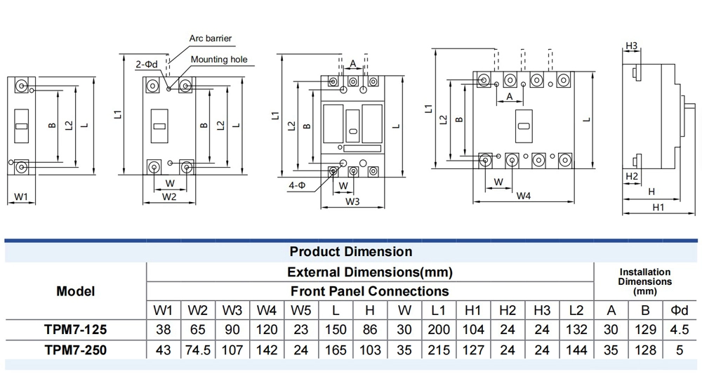 TPM7 DC MCCB dimension drawing for 125A and 250A frames
