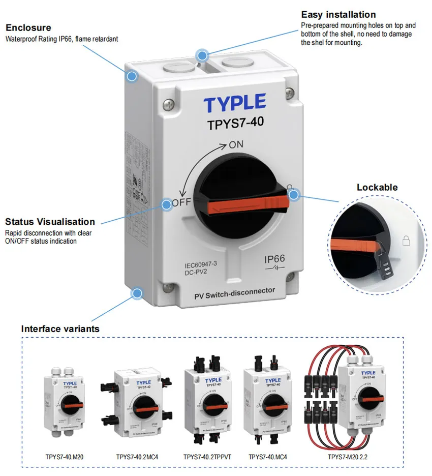 TPYS7-40 PV isolator switch series showing 1-in and 2-in, 2-pole and 4-pole waterproof configurations