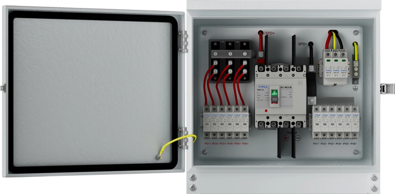 Close-up view of the heavy-duty internal components, copper busbars, and clean DC wiring inside a 1500V solar combiner box.