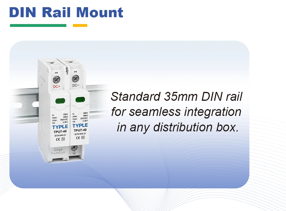 TPU7-40PV DC SPD mounted on 35mm DIN rail