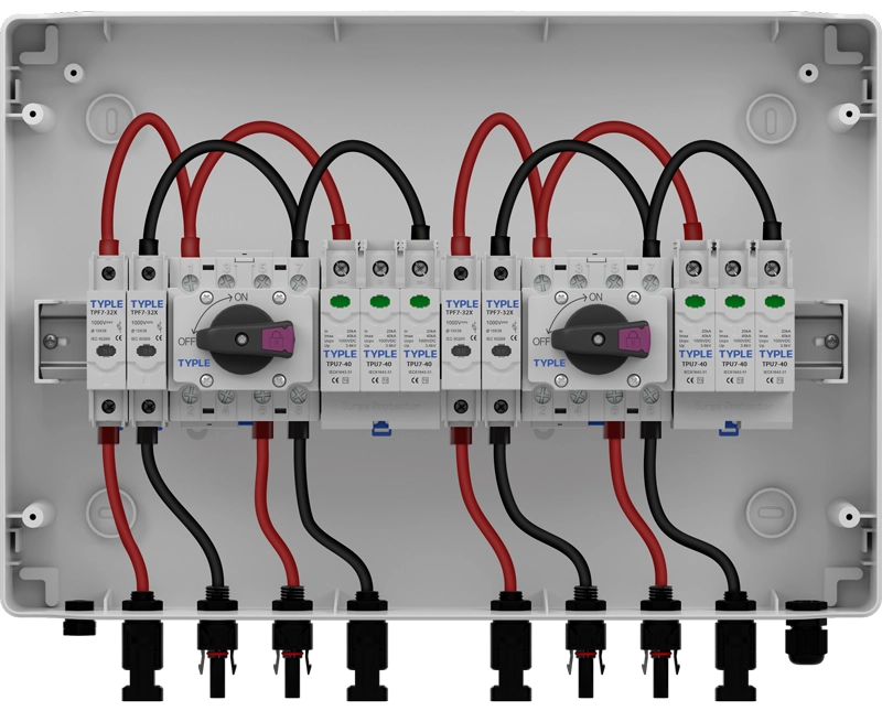DIN-rail mounted Surge Protective Devices (SPD) and DC circuit breakers neatly arranged inside a solar combiner box.