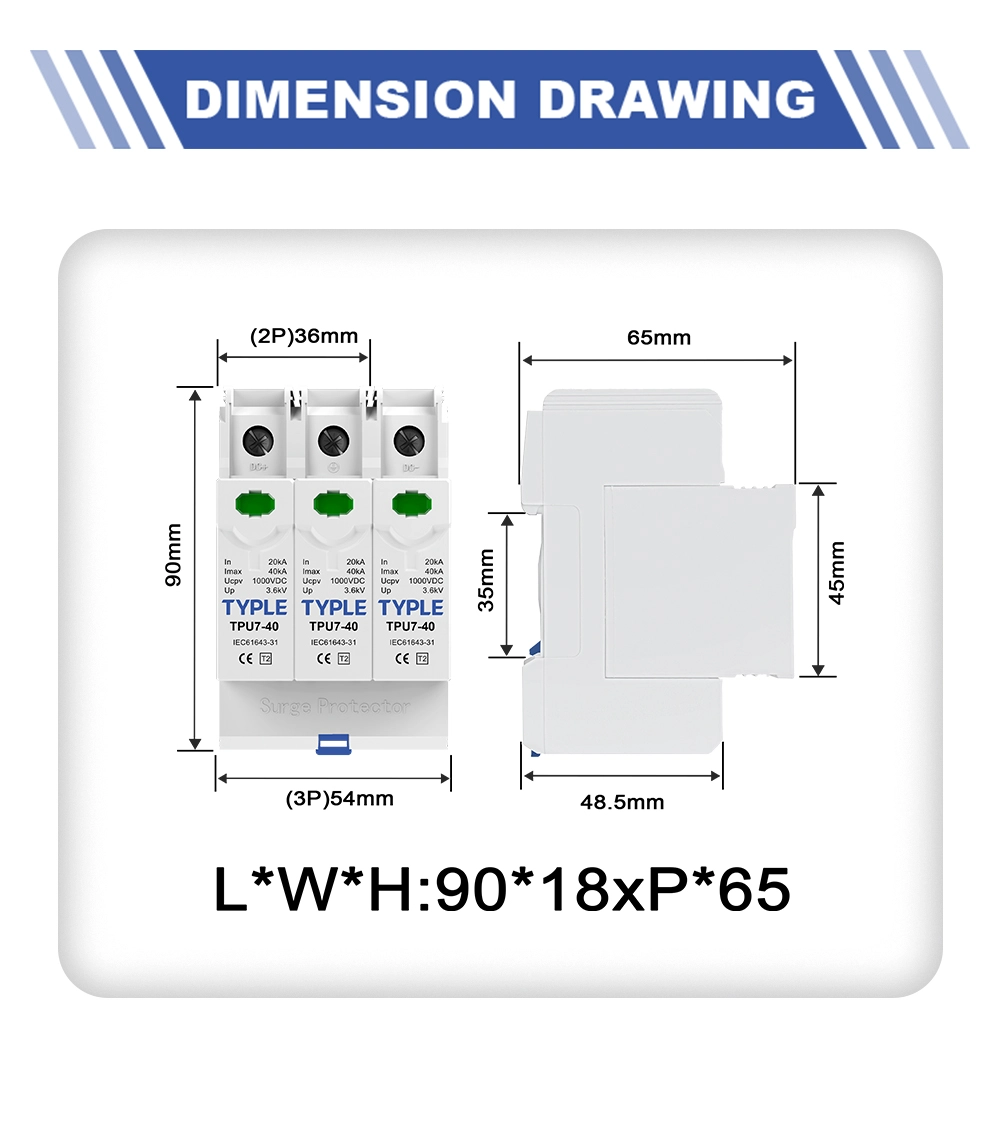 TPU7-40 DC SPD dimension drawing 65x36x90mm DIN rail