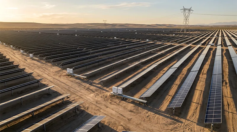 Ground mount utility scale solar farm with combiner boxes between PV rows