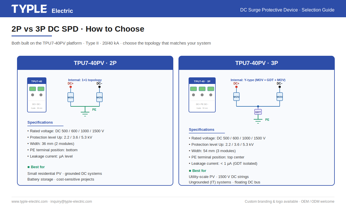 2P vs 3P DC SPD comparison guide showing TPU7-40PV topology specifications and selection criteria