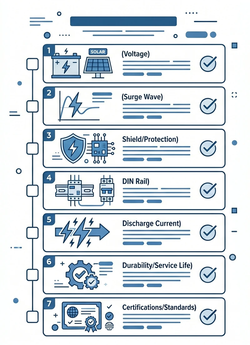 DC SPD selection parameters for 1500V PV systems: working voltage, type, protection level, discharge current, standard, poles