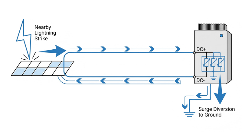 How long DC cable runs increase induced surge energy reaching a solar inverter, and where a DC SPD diverts it