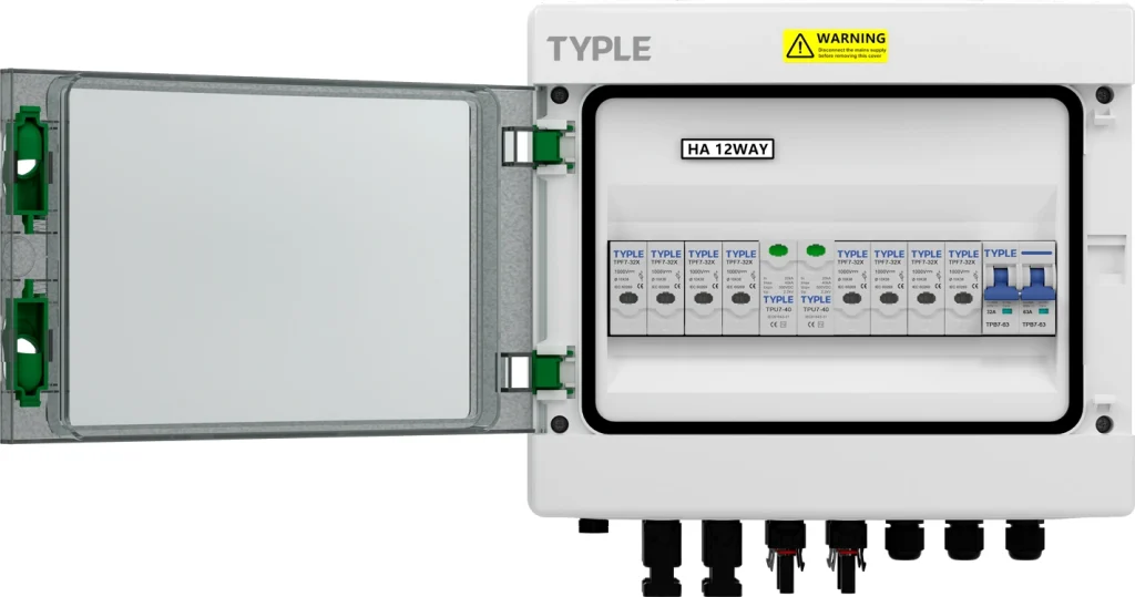 TPX7-P combiner box with cover open showing MCB, SPD and string fuses