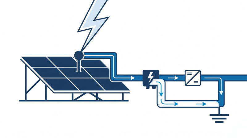 Lightning surge diverted to ground on the DC side of a PV system, surge protection concept