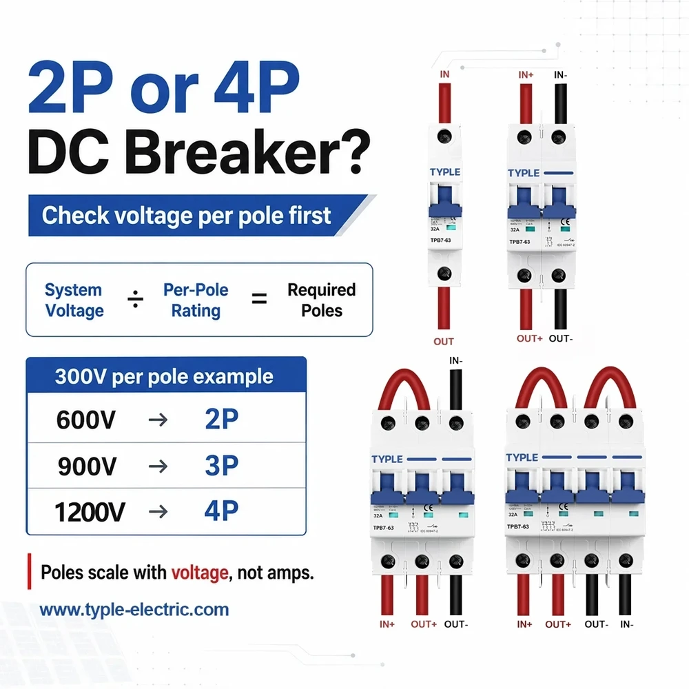 Diagram showing how to choose 2-pole, 3-pole, or 4-pole DC circuit breakers based on system voltage