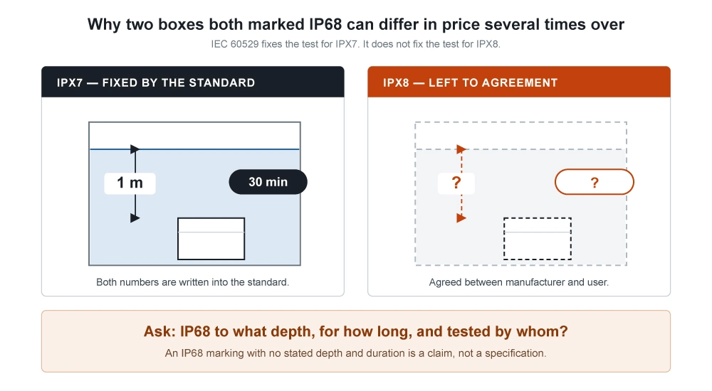 IPX7 fixed test conditions compared with IPX8 conditions agreed between manufacturer and user