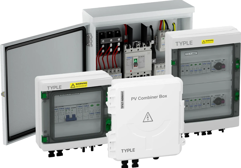 TPX7-M, TPX7-P and TPX7-N PV combiner boxes side by side, showing metal and non-metallic enclosure options