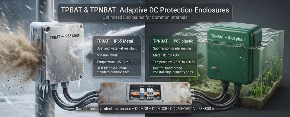 TPBAT IP65 metal vs TPNBAT IP68 plastic battery protection box selection by site condition